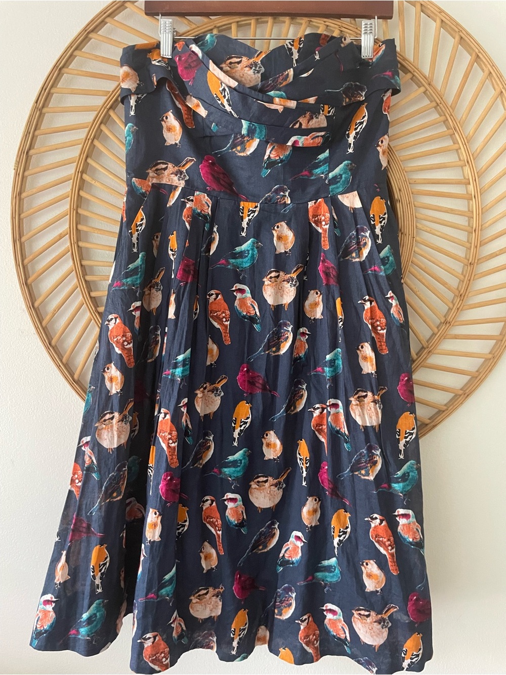 Maeve Navy Bird-Print Circle dress with Teal & Mustard Accents